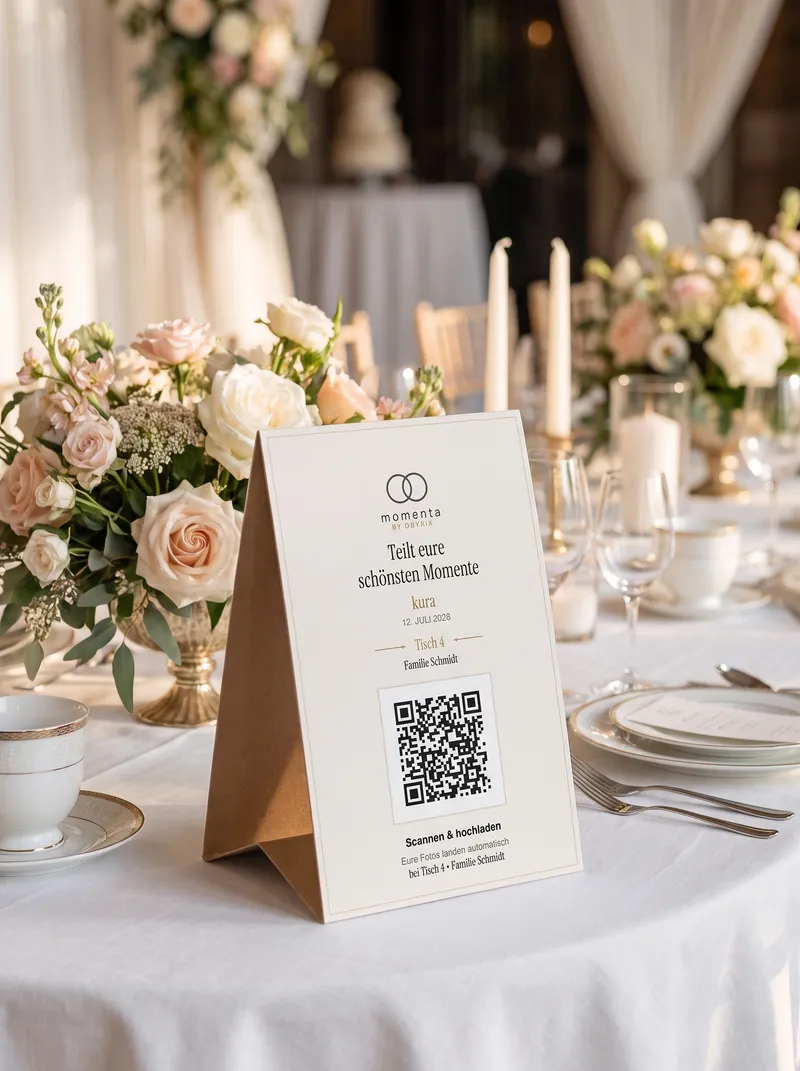 Gedruckter Momenta-QR-Aufsteller auf einem gedeckten Tisch, Gäste scannen zum Hochladen